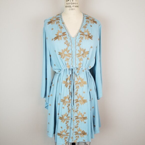 Paparazzi Blue Green Gauzy Dress with Gold Floral Embroidery Women's Size Medium - Picture 2 of 11